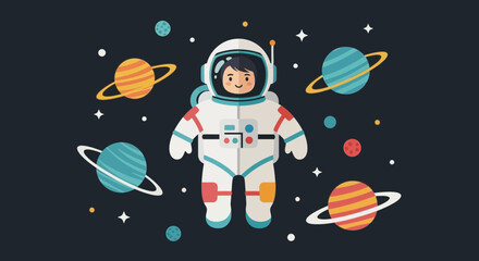 Naklejka premium Astronaut in space with planets vector illustration for education and design