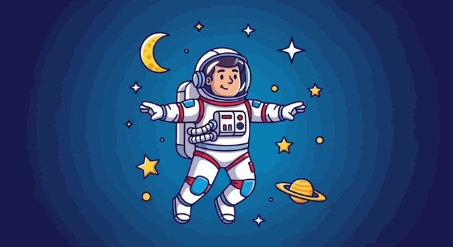 Astronaut in space with arms outstretched and planets around flat vector illustration