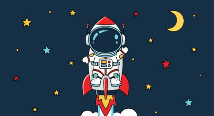 Naklejka premium Astronaut in spacesuit launches on rocket with stars and moon