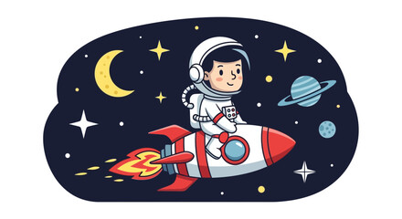 Fototapeta premium Astronaut in spacesuit on rocket exploring the cosmos cartoon illustration