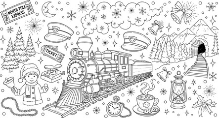Obraz premium Magical North Pole Express Christmas Train with Ticket, Lanterns, Snowy Mountains, and Festive Bells for Holiday Celebration