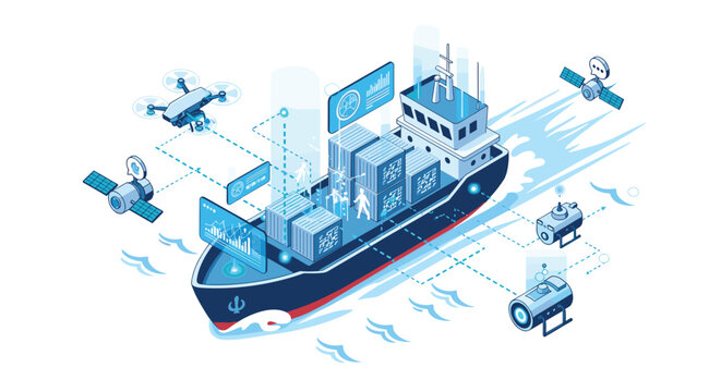 An isometric illustration of a cargo ship transporting containers with drones and satellite icons rendered in a crisp monochromatic blue color scheme.