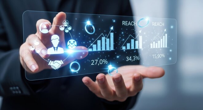 A businessman interacting with a futuristic digital interface displaying graphs and statistics