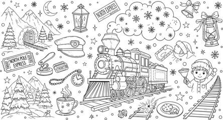 Naklejka premium North Pole Express Train Scene with Christmas Snow, Holiday Decorations, Santa’s Ticket, and Winter Wonderland Elements