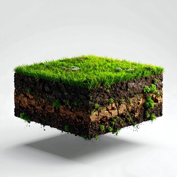 Surreal isometric 3D rendering of a floating square chunk of green grass and brown dirt soil isolated on a white background.