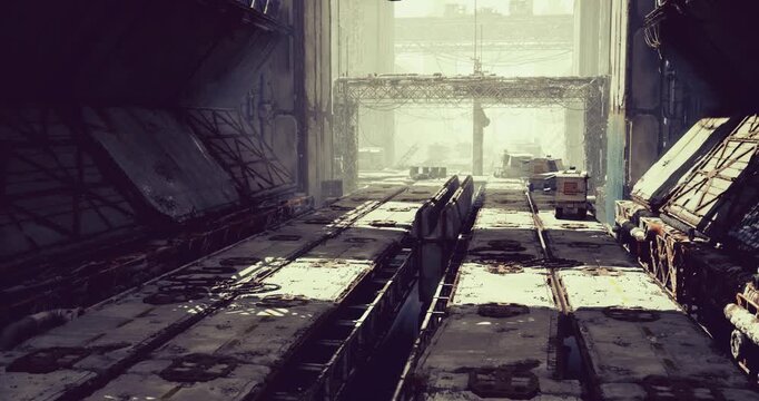 Dim cargo staging with heavy shadows and stacked pallets, low light highlights textures of rust and worn metal, quiet atmosphere suggests pause in operations