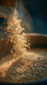 Close-up of oats being poured into a bowl with warm lighting