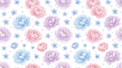 Fototapeta premium A beautiful floral pattern featuring pastel roses and small flowers on a white background