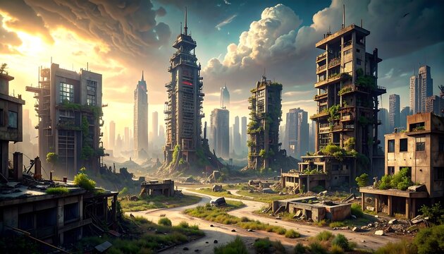 A post-apocalyptic cityscape with ruined buildings overtaken by vegetation under a dramatic sky. Distant skyscrapers form a hazy backdrop