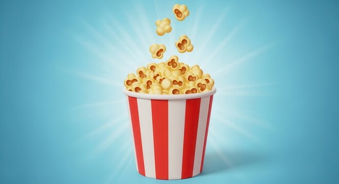 Crispy golden popcorn bursting from a vibrant striped container against a radiant blue backdrop