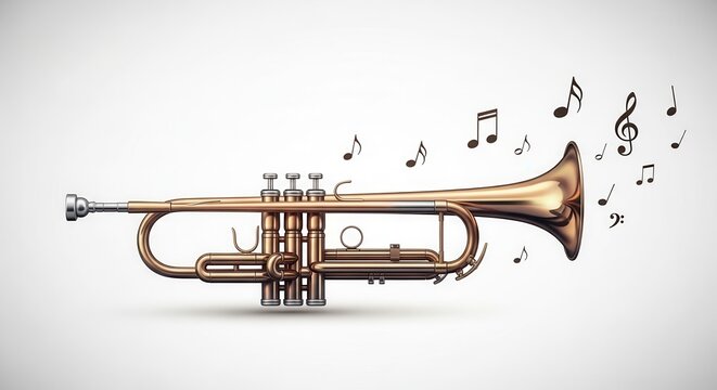 Golden brass trumpet illustration emitting dynamic musical notes and symbols against a bright