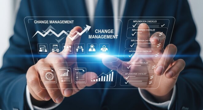 A businessman interacting with a digital change management interface on a transparent screen