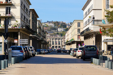 Obraz premium Street perspective of Le Havre city center, modernist urban planning by Auguste Perret towards City Hall, Normandy, France