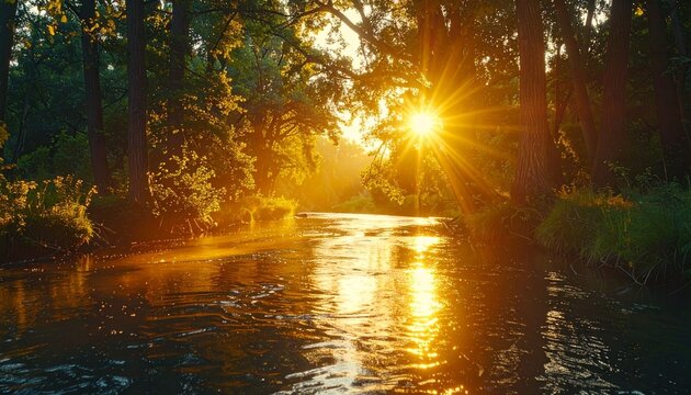 Sunlit river flowing through forest