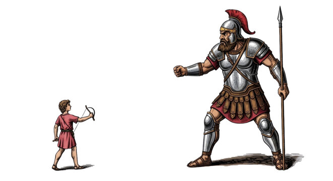 Brave Boy with Bow Faces Giant Warrior Overcoming Business Challenges Strategic Competition and Unfair Odds