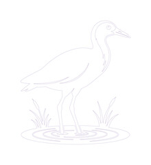 Fototapeta premium Minimalist heron line art vector, elegant crane bird silhouette in marsh water, simple outline illustration of a wading bird for logo design