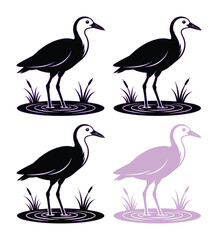 Fototapeta premium Minimalist heron bird silhouette icons, set of 4 vector crane illustrations in marsh water, elegant wading bird logo symbols for nature branding
