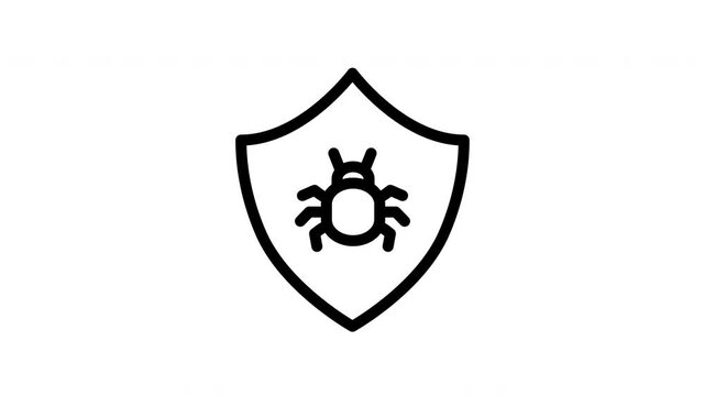 A black and white image of a shield with a bug inside, representing security.