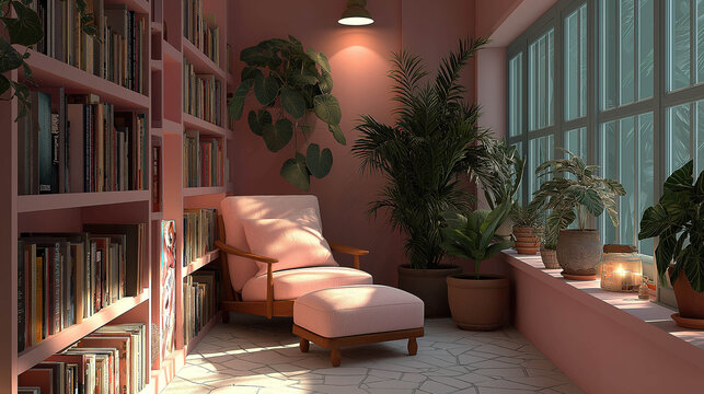 A peaceful corner for digital detox featuring books plants and soft lighting for calm rest
