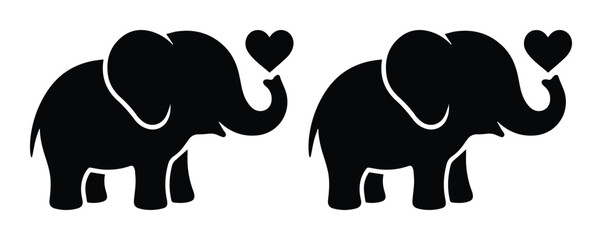 Obraz premium Minimalist elephant silhouette with heart, cute baby elephant vector icons, black animal graphics for nursery decor and wedding invitations
