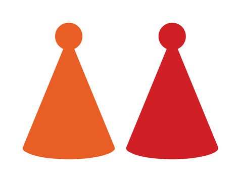 Minimalist board game pieces vector, orange and red plastic game pawns, tabletop gaming player icons isolated on white background