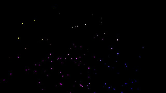 Colorful confetti horizontal seamless border. sparkling and shiny tinsel decoration for event celebration. bright festive pieces falling from above for birthday greeting, black background 4k.