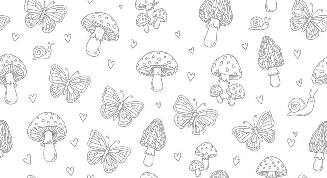 Black and white whimsical pattern of butterflies mushrooms and snails elements