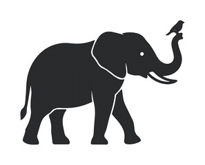 Obraz premium Minimalist elephant silhouette with bird on trunk, black and white wildlife vector icon, simple animal logo design for branding and conservation