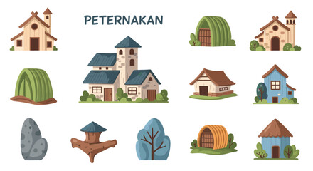 Fototapeta premium Charming, colorful farm buildings and elements, showcasing rural architecture, featuring houses, barns, and natural objects, rendered in a delightful, flat illustration style,