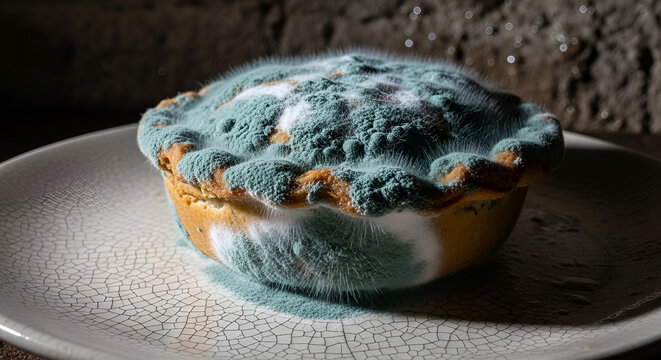 Close up of a disgusting mouldy meat pie on a cracked plate