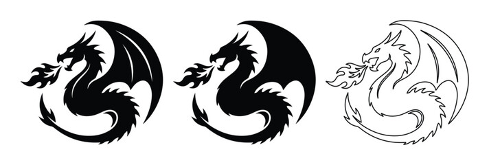 Fire breathing dragon silhouette set, mythical creature vector icons, black and white fantasy dragon logo collection for gaming and branding © ArsiStudio