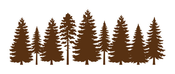 Rustic pine tree silhouette border, brown evergreen forest line vector, coniferous woodland landscape graphic for outdoor adventure branding © ArsiStudio