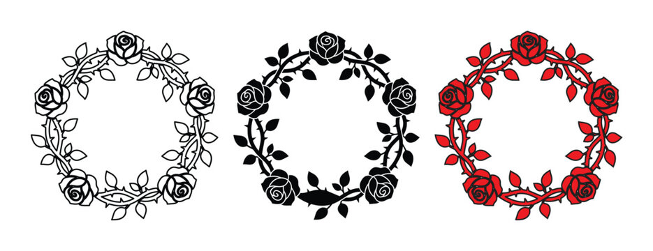 Vintage rose wreath vector set, floral circular border with thorny vines, elegant black and red rose frames for wedding invitations and gothic decor