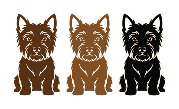 Cairn Terrier dog vector silhouettes, set of three sitting terrier puppy illustrations in brown and black colors, pet breed graphic icons
