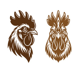 Vintage rooster head vector illustration set, hand drawn brown cockerel mascot icons, rustic farm animal profile and front view graphics © ArsiStudio