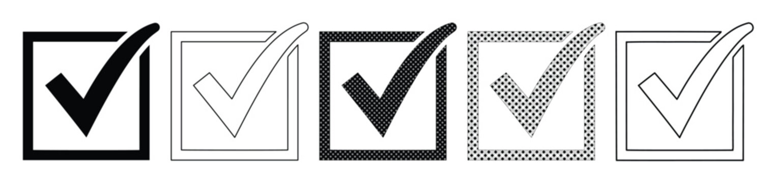 Minimalist check mark icons in square boxes, set of 5 black and white tick symbols, vector checkmark collection for survey and checklist forms