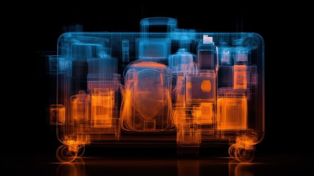 Airport security X-ray scan of travel suitcase revealing packed items with orange and blue color visualization