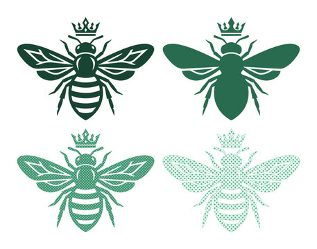 Vintage honey bee queen logo set, 4 royal bumblebee vector icons with crowns, green heraldic insect emblems for organic honey branding and labels