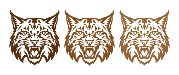 Vintage bobcat head mascot vector set, fierce lynx face illustrations with aggressive expression, wild cat sports team logo collection in brown © ArsiStudio