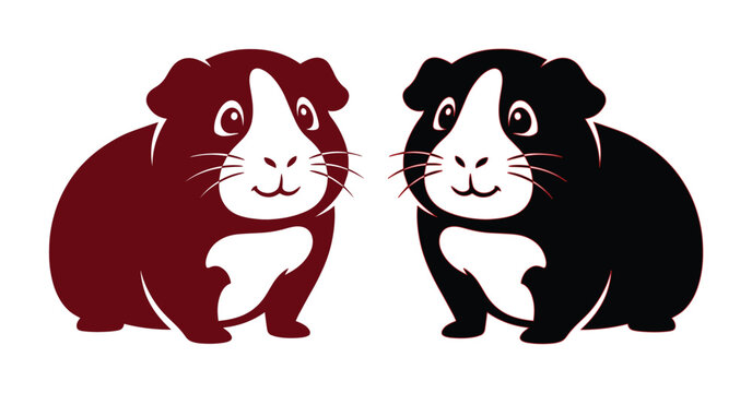 Cute guinea pig vector illustration, pair of domestic cavy rodents in black and maroon colors, stylized pet animal characters for veterinary and pet shop branding