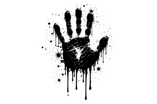 Gritty black handprint vector with dripping ink and splatter effects on white background. Artistic palm print silhouette with paint drips, spray stains, and grunge texture for urban design.