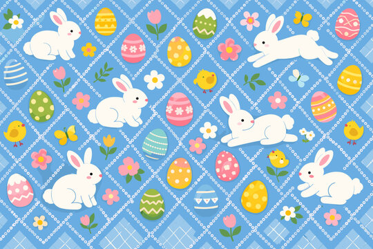 Happy Easter Seamless Pattern with Cute White Bunnies, Colorful Decorated Eggs, Yellow Chicks, and Spring Flowers on a Blue Rhombus Lace Background for Gift Wrapping Paper and Textile Design.
