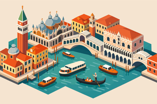 Isometric Vector Illustration of Venice Italy Featuring Iconic Architecture like St. Marks Basilica, Rialto Bridge, and Doges Palace with Gondolas and Boats on the Grand Canal Waterway.