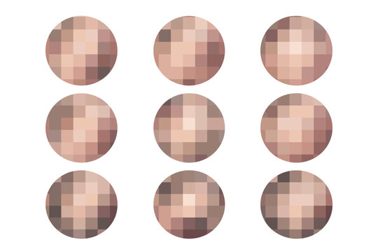 Set of Round Shapes with Censor Blur Effect to Hide Face and Identity, Circles with Checkered Pixel Texture for Security, Privacy Protection Mosaic Icons, Vector Illustration on White Background.