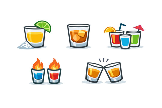 Set of Shot Glass Icons Featuring Tequila with Lime and Salt, Whiskey on the Rocks, Colorful Party Cocktails with Umbrella, Flaming Shots, and Two Glasses Clinking for a Cheers Toast Graphic