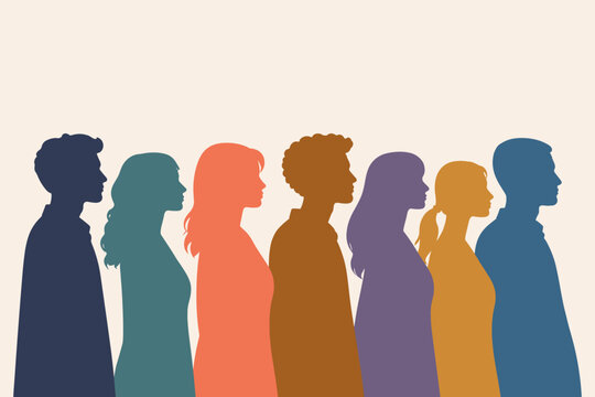 Colorful Silhouettes of Diverse Men and Women Standing in a Row Facing Right Side Profile View. Simple Flat Vector Illustration Representing Community, Teamwork, Inclusion, and Social Diversity.