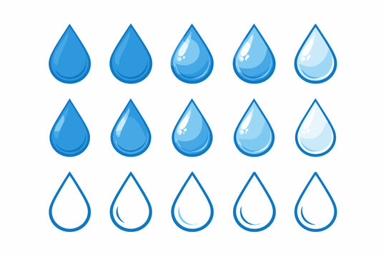 Set of Water Drop Icons Featuring Blue Liquid Solid and Outline Rain Droplets. Vector Symbols Illustration for Graphic Design, Weather Apps, Nature Conservation, and Environmental Concepts.