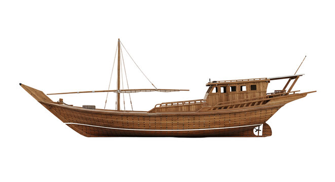 Detailed wooden dhow ship model on black background showcasing craftsmanship and nautical design with intricate construction and vintage aesthetics