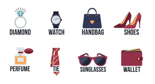 Elegant collection of fashion accessories, rendered in a flat, minimalist style. featuring a diamond ring, wristwatch, handbag, high heels, perfume bottle, tie, sunglasses, and