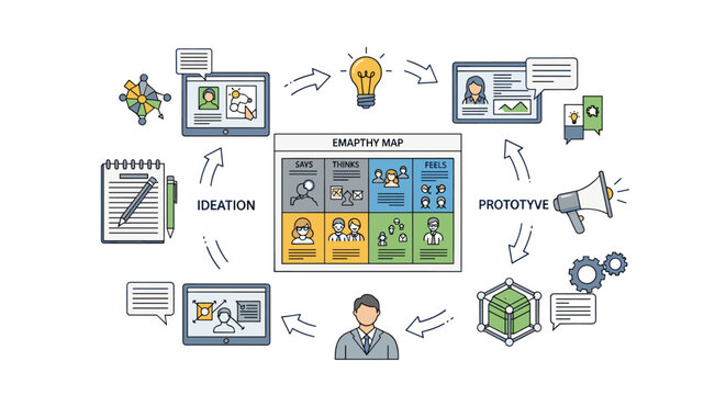 Empathy map presentation, showcasing business process with colorful elements, including laptop, lightbulb, and megaphone, illustrating ideation, prototyping, and user experience